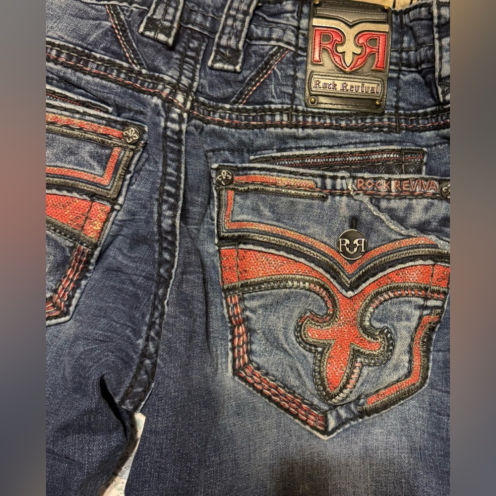 Rock Revival Jaser Straight Jeans with Blue and Orange Accents